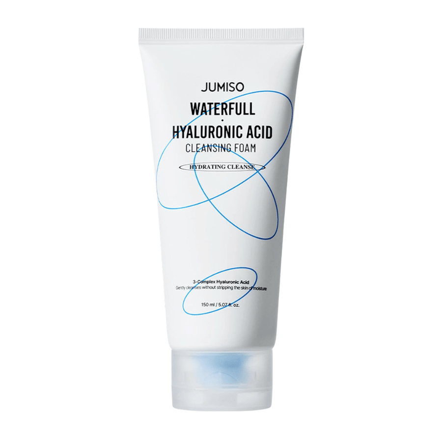 Jumiso Waterfull Hyaluronic Acid Cleansing Foam gepresenteerd tegen een witte achtergrond. Hydraterende gezichtsreiniger met hyaluronzuur die de huid zacht reinigt zonder de natuurlijke vochtbalans van de huid te verstoren.