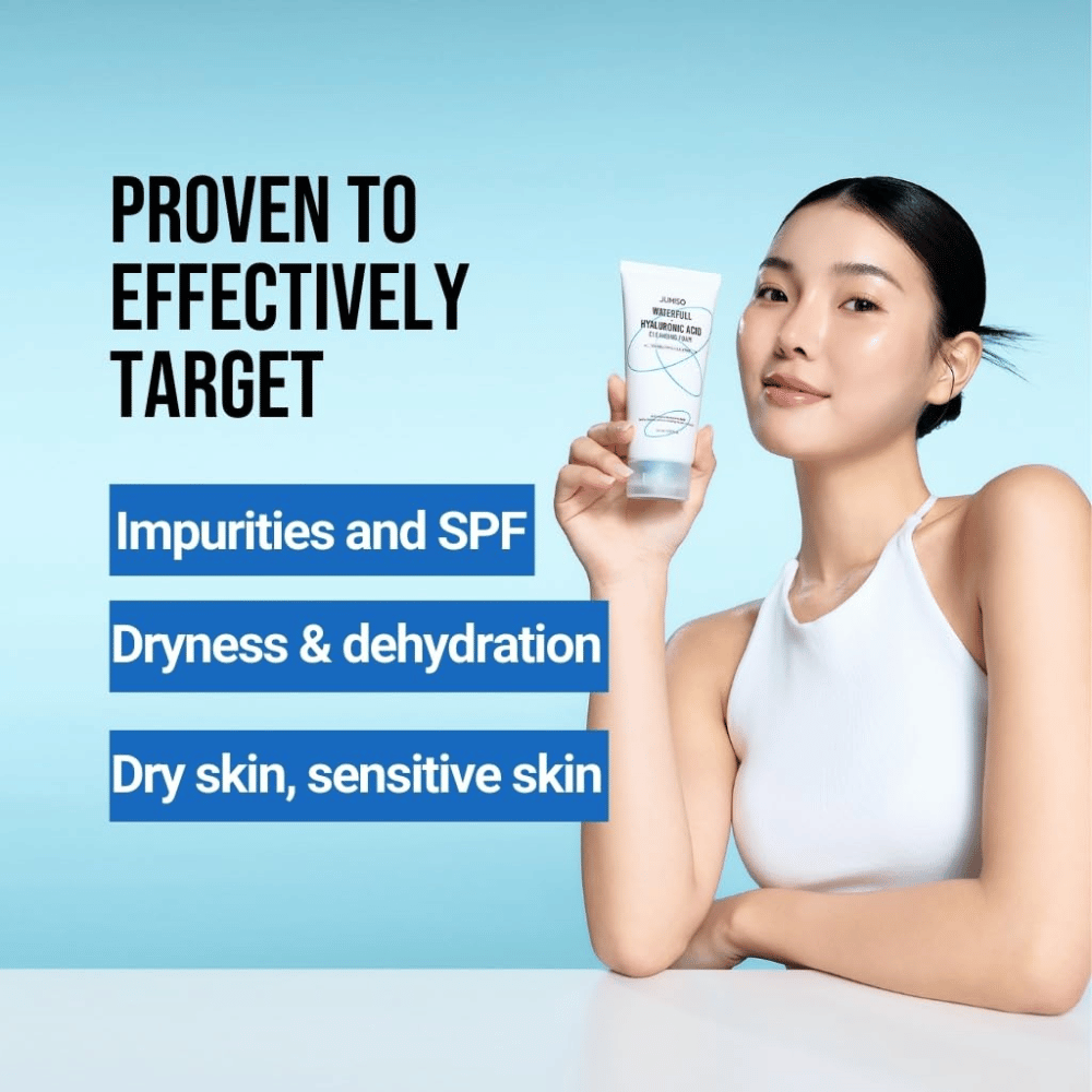 Persoon met een heldere en gehydrateerde huid houdt Jumiso Waterfull Hyaluronic Acid Cleansing Foam omhoog. De afbeelding beschrijft het vermogen van het product om zich te richten op onzuiverheden, resten van SPF, droogheid en een gevoelige huid.