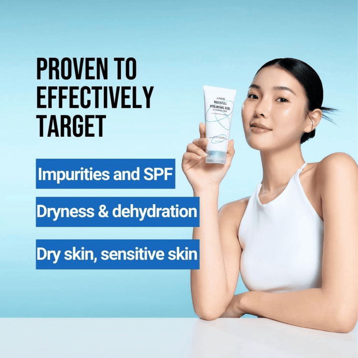 Persoon met een heldere en gehydrateerde huid houdt Jumiso Waterfull Hyaluronic Acid Cleansing Foam omhoog. De afbeelding beschrijft het vermogen van het product om zich te richten op onzuiverheden, resten van SPF, droogheid en een gevoelige huid.