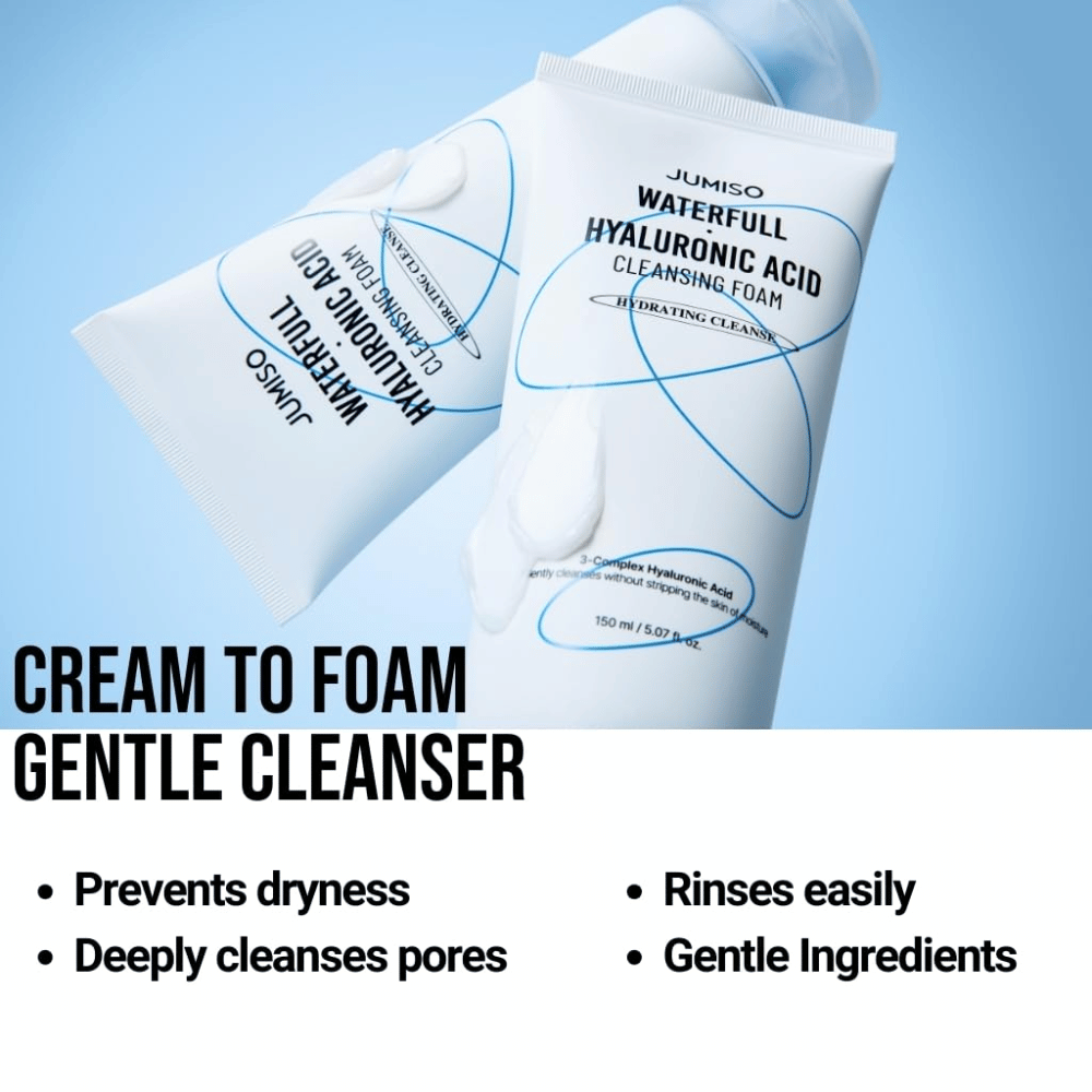 Twee tubes van Jumiso Waterfull Hyaluronic Acid Cleansing Foam tegen een lichtblauwe achtergrond. De afbeelding benadrukt een crème-tot-schuim-reiniger die de poriën zacht reinigt, droogheid tegengaat en gemakkelijk af te spoelen is.