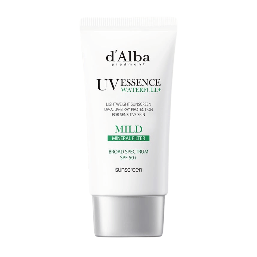 d’Alba Waterfull Mild Sun Cream SPF 50+ – milde zonnebrandcrème met mineraalfilter die de gevoelige huid beschermt tegen UVA/UVB. Lichte, hydraterende formule in een stijlvolle witte tube.