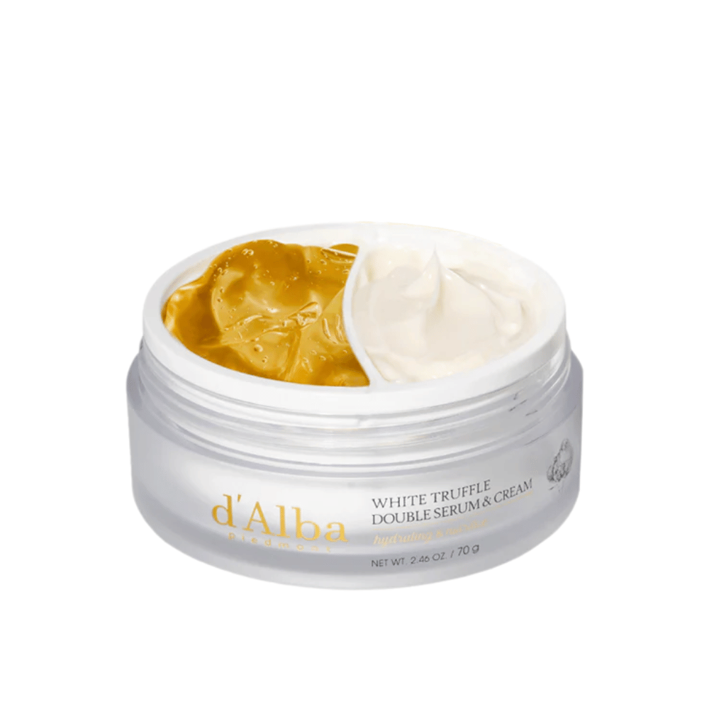 d'Alba White Truffle Double Serum & Cream combineert een serum en een crème in een praktische tweedelige pot. Dit product biedt intense hydratatie en voeding dankzij witte truffelextract, wat de huid een stralend en steviger gevoel geeft.