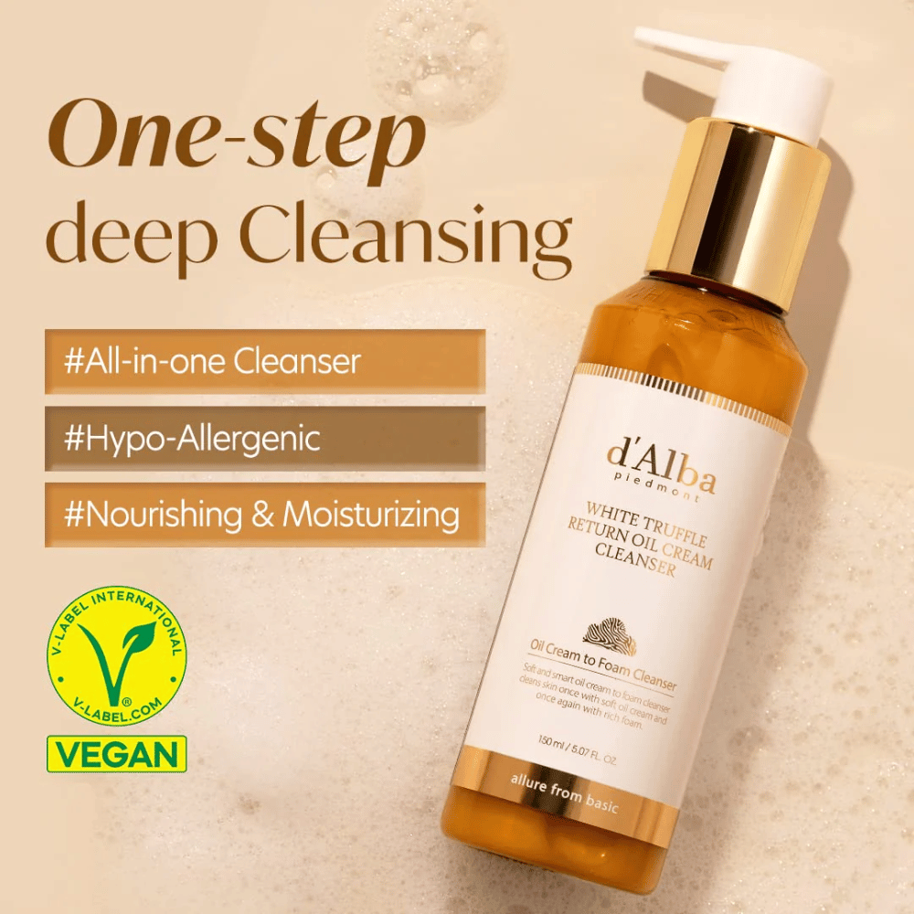 d'Alba White Truffle Return Oil Cream Cleanser is een veganistische, hypoallergene reinigingscrème met een eenstaps diepe reiniging. Deze alles-in-één reiniger is voedend en hydraterend, en verandert van olie naar schuim om de huid effectief te reinigen en deze zacht en fris achter te laten.