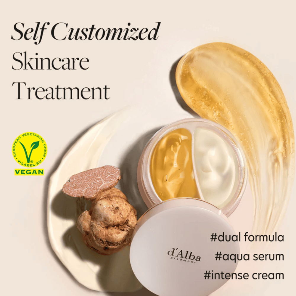 d'Alba White Truffle Double Serum & Cream is een vegan huidverzorgingsproduct dat een persoonlijke huidverzorgingservaring biedt. Het heeft een dubbele formule met zowel een aqua serum als een intensieve crème, perfect om de huid te hydrateren en te versterken.