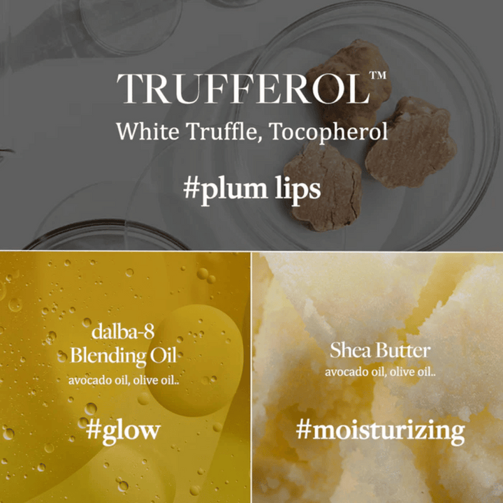 Ingrediensbild med White Truffle, Tocopherol, Blending Oil och Shea Butter för d'Alba Nourishing Serum Lip Balm, markerat med hashtags #plum lips, #glow och #moisturizing.