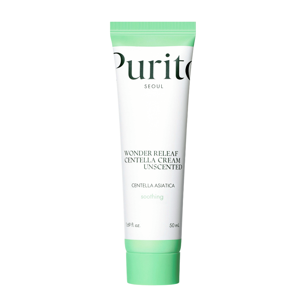 Purito Wonder Releaf Centella Cream Unscented is een hydraterende en kalmerende gezichtscrème met Centella Asiatica-extract. De ongeparfumeerde formule versterkt de huidbarrière en verlicht irritatie, waardoor het ideaal is voor de gevoelige huid.