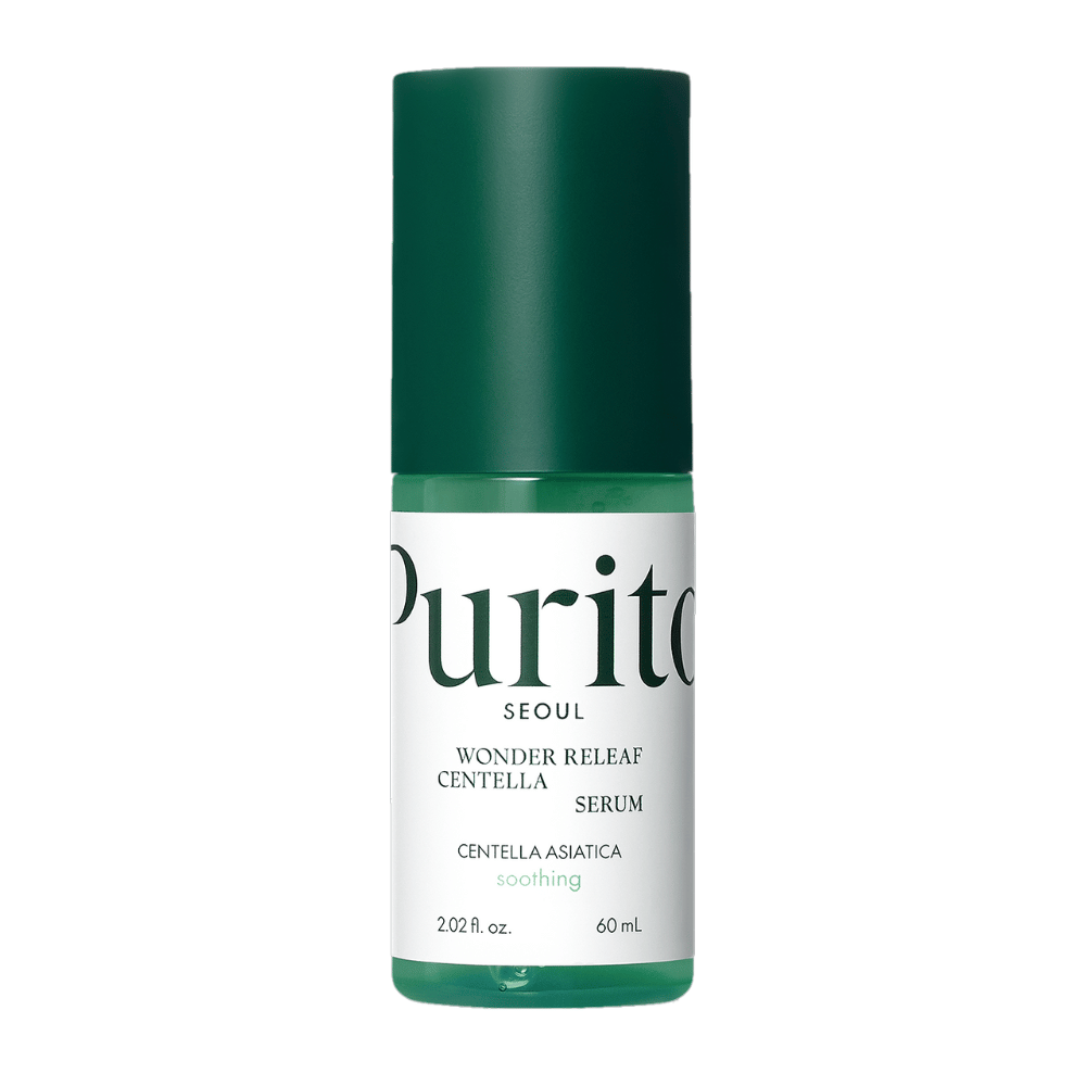 Purito Wonder Releaf Centella Serum in een groene en witte fles met 60 ml inhoud, gecentreerd tegen een witte achtergrond.