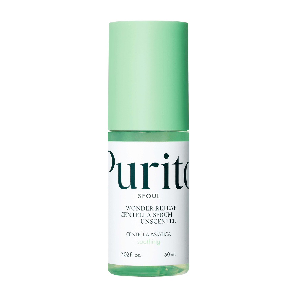 Gesloten fles van Purito Wonder Releaf Centella Serum, geurloos, tegen een witte achtergrond.