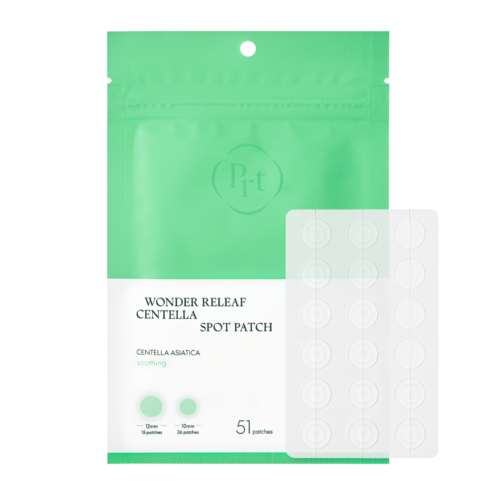 Productafbeelding van Purito Wonder Releaf Centella Spot Patch met verpakking en 51 transparante acnepleisters in twee maten voor effectieve puntbehandeling.