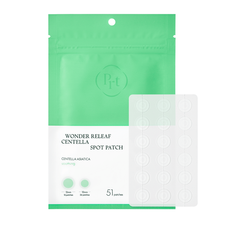 Productafbeelding van Purito Wonder Releaf Centella Spot Patch met verpakking en 51 transparante acnepleisters in twee maten voor effectieve puntbehandeling.