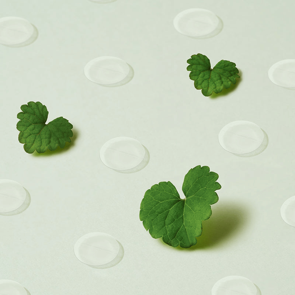 Transparante spot patches samen met centella-bladeren die Purito Wonder Releaf Centella Spot Patch illustreren en het kalmerende effect op ontstoken en gevoelige huid.