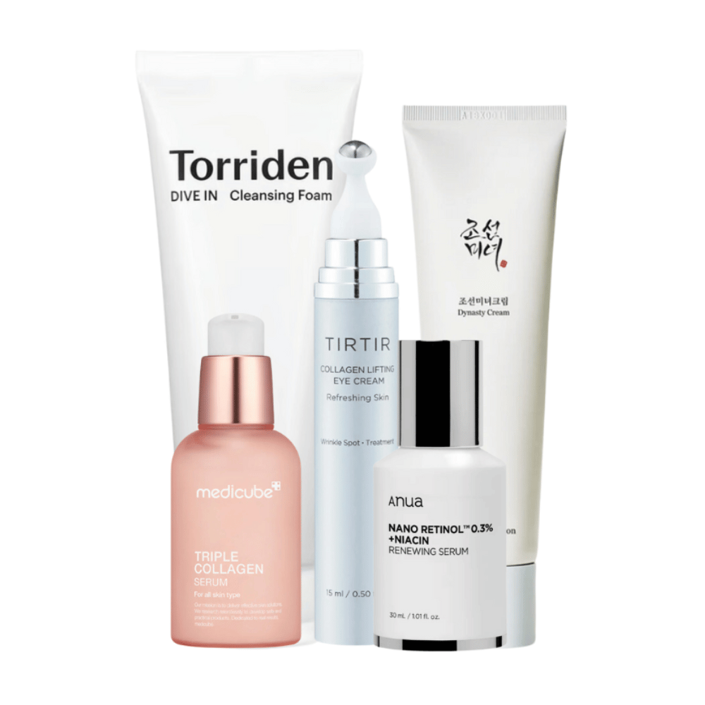 Deze set, "Youthful Radiance Anti-Aging Kit", bevat een reeks huidverzorgingsproducten om de rijpe huid te revitaliseren en te verzorgen. De set bevat Torriden Dive In Cleansing Foam, Tirtir Collagen Lifting Eye Cream, Medicube Triple Collagen Serum en Anua Nano Retinol 0.3% + Niacin Renewing Serum samen met Beauty of Joseon Dynasty Cream.