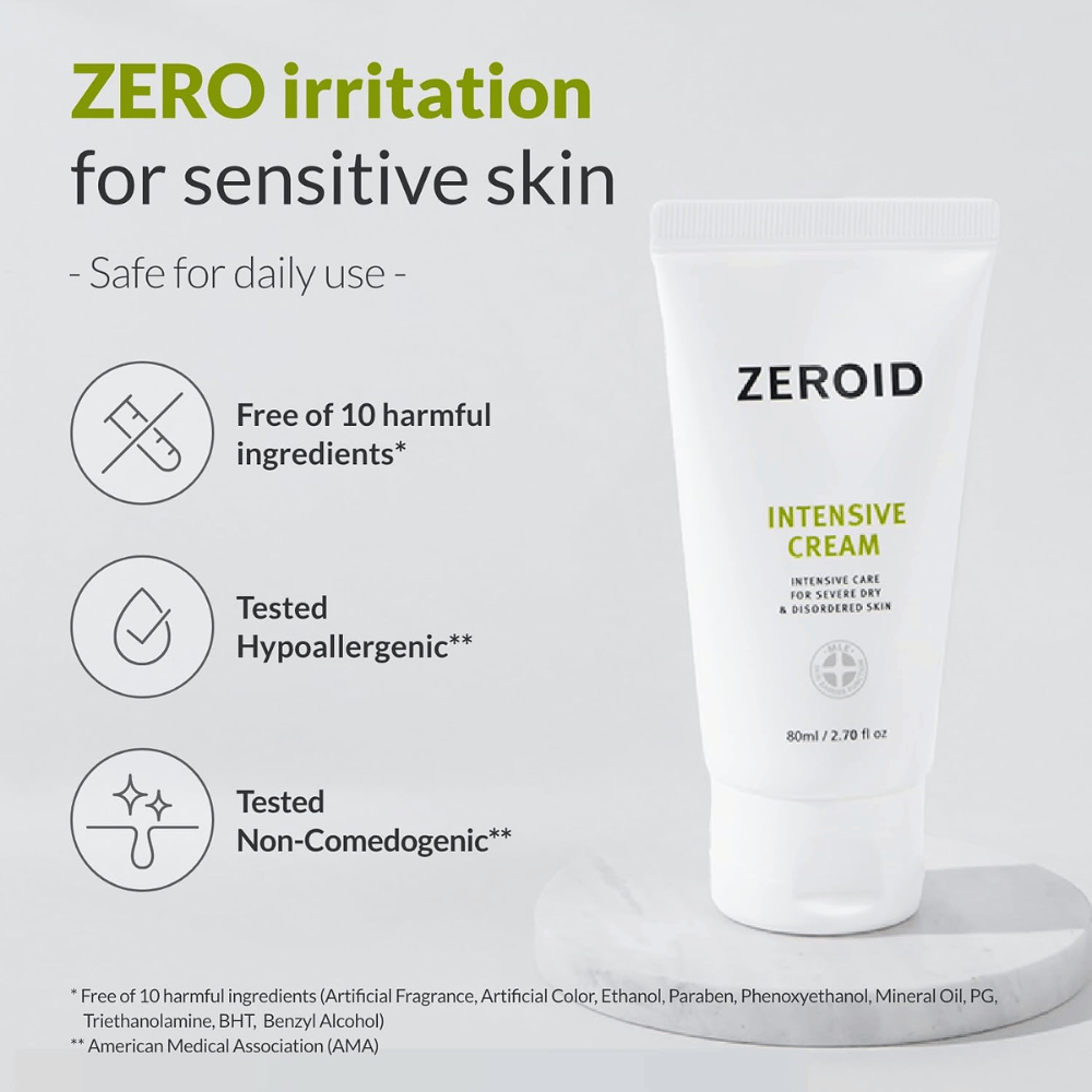 ZEROID Intensive Cream is ontwikkeld voor de gevoelige huid en is vrij van tien veelvoorkomende ingrediënten die irritatie kunnen veroorzaken. De crème is hypoallergeen getest, niet-comedogeen en geschikt voor dagelijks gebruik.