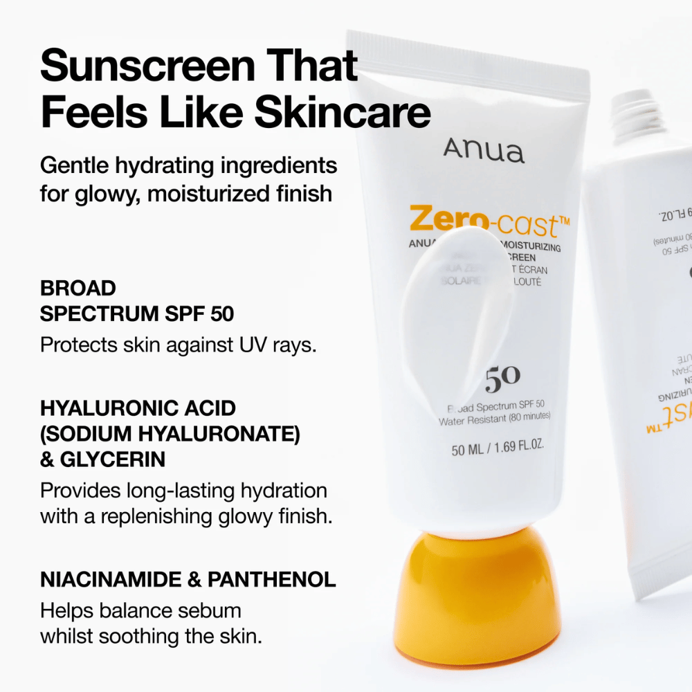 Close-up van ANUA Zero-Cast Moisturizing Sunscreen met SPF 50 - zonnebrandcrème in witte tube met oranje dop, met tekst over ingrediënten zoals hyaluronzuur, niacinamide en panthenol voor gehydrateerde, beschermde huid.