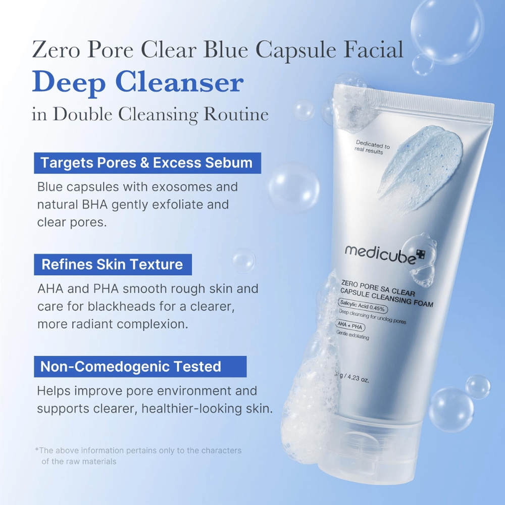Medicube Zero Pore SA Clear Capsule Cleansing Foam – diep reinigende gezichtsreiniger die talg balanceert en de huidstructuur verbetert.