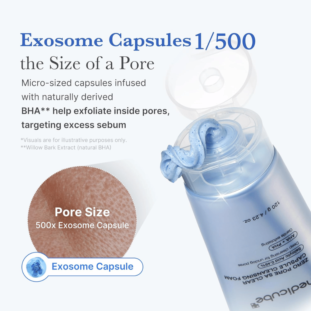 Medicube Zero Pore Capsule Cleansing Foam met exosoomcapsules en BHA die talg oplossen en poriën reinigen zonder de huid te verstoppen.