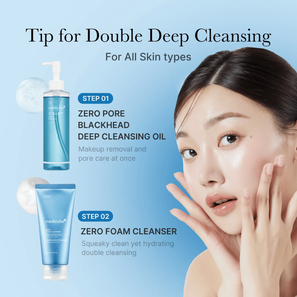 Advertentiebeeld voor Medicube dubbele reiniging met Zero Pore Blackhead Deep Cleansing Oil en Zero Foam Cleanser, samen met een vrouw die haar schone en gehydrateerde huid toont.