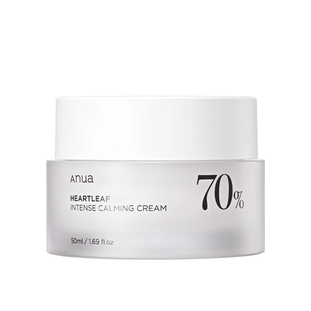 Witte pot met "Anua Heartleaf Intense Calming Cream" met "70%"-markering, gemarkeerd met een volume van "50ml/1.69 fl.oz."