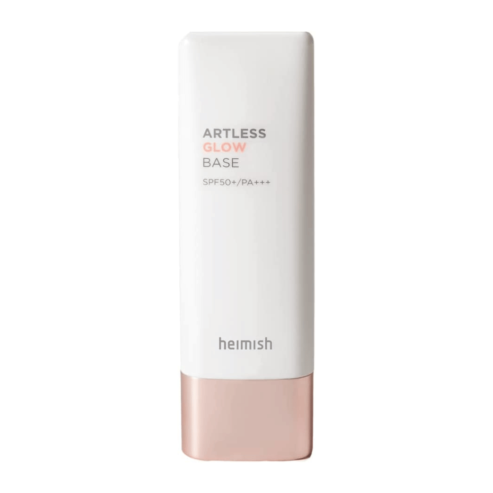 Een glanzende tube van heimish Artless Glow Base SPF 50+ PA+++ 40ml.