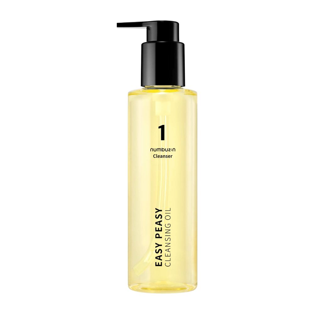 Produktbild på Numbuzin No.1 Easy Peasy Cleansing Oil, genomskinlig pumpflaska med svart lock mot vit bakgrund.