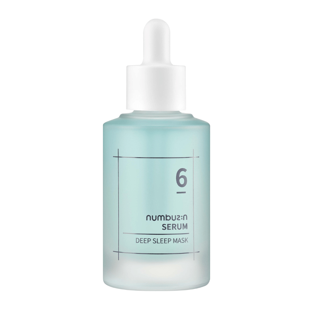 numbuzin No. 6 Deep Sleep Mask Serum in blauwe mat glazen fles met pipet, ontworpen voor diepe hydraterende huidverzorging.