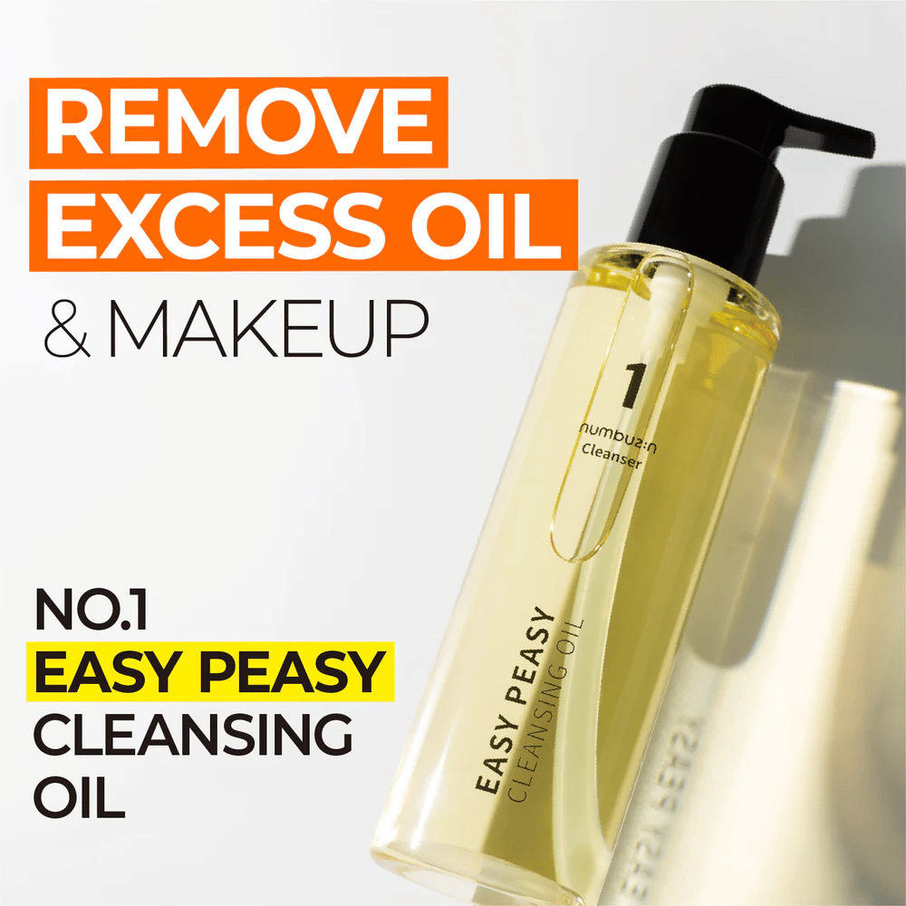 Fles met Numbuzin No.1 Easy Peasy Cleansing Oil tegen witte achtergrond, de tekst 'Remove excess oil & makeup' is ernaast te zien.