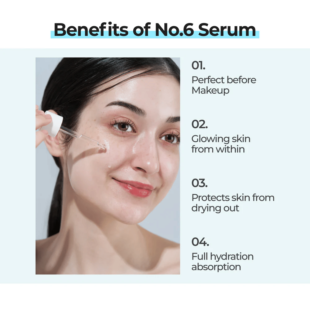 Vrouw brengt numbuzin No. 6 Deep Sleep Mask Serum aan met pipet, die glans geeft, beschermt tegen droogheid en volledig door de huid wordt opgenomen.
