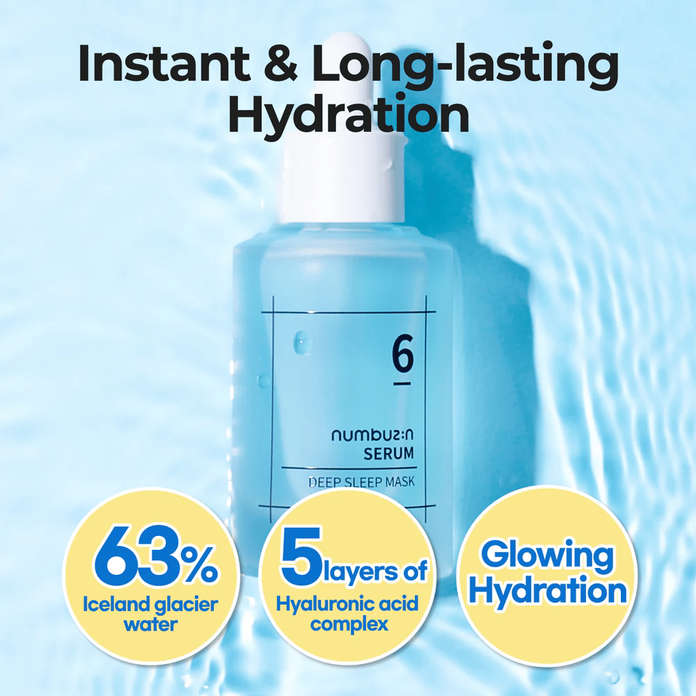 numbuzin No. 6 Deep Sleep Mask Serum met 63% gletsjerwater en 5 lagen hyaluronzuur, voor intensieve en langdurige hydratatie.