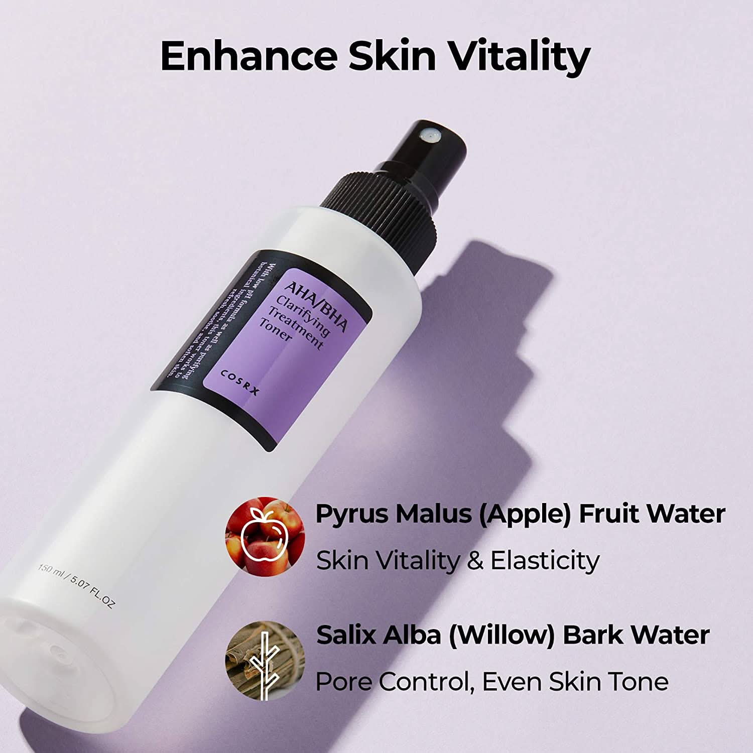 Een fles COSRX AHA/BHA Clarifying Treatment Toner 150ml gericht op mee-eters.