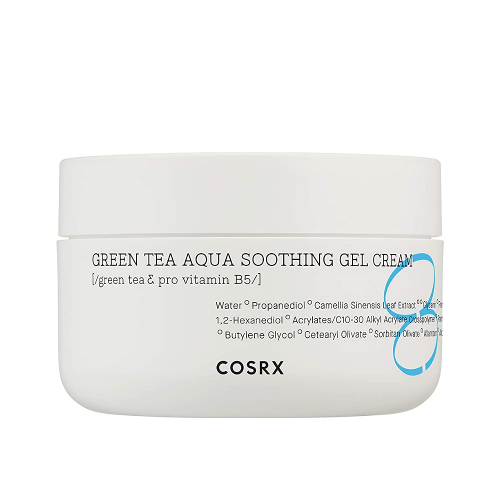 COSRX Green Tea Aqua Soothing Gel Cream 50ml dat de huid hydrateert en kalmeert.