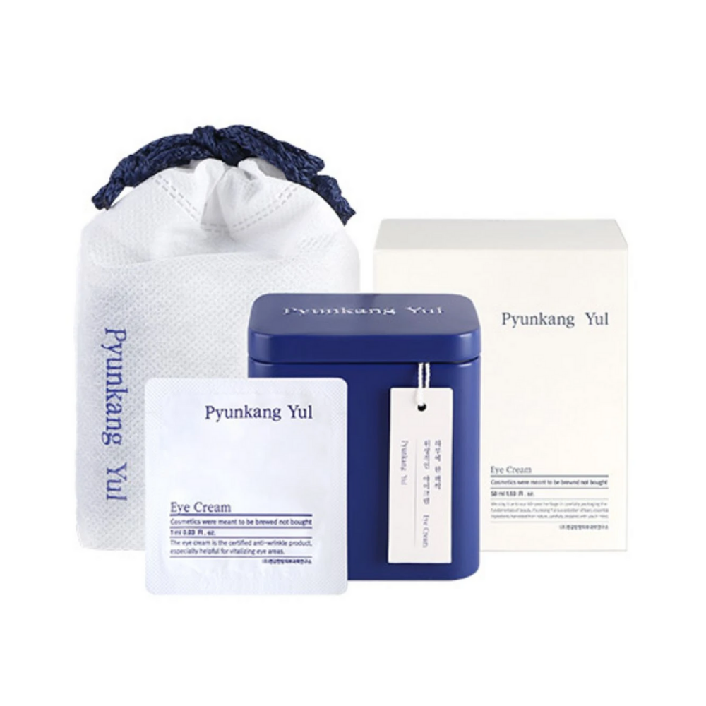 Een pakket met een blauwe zak en een witte doos voor Pyunkang Yul Oogcrème 1ml x 50st.