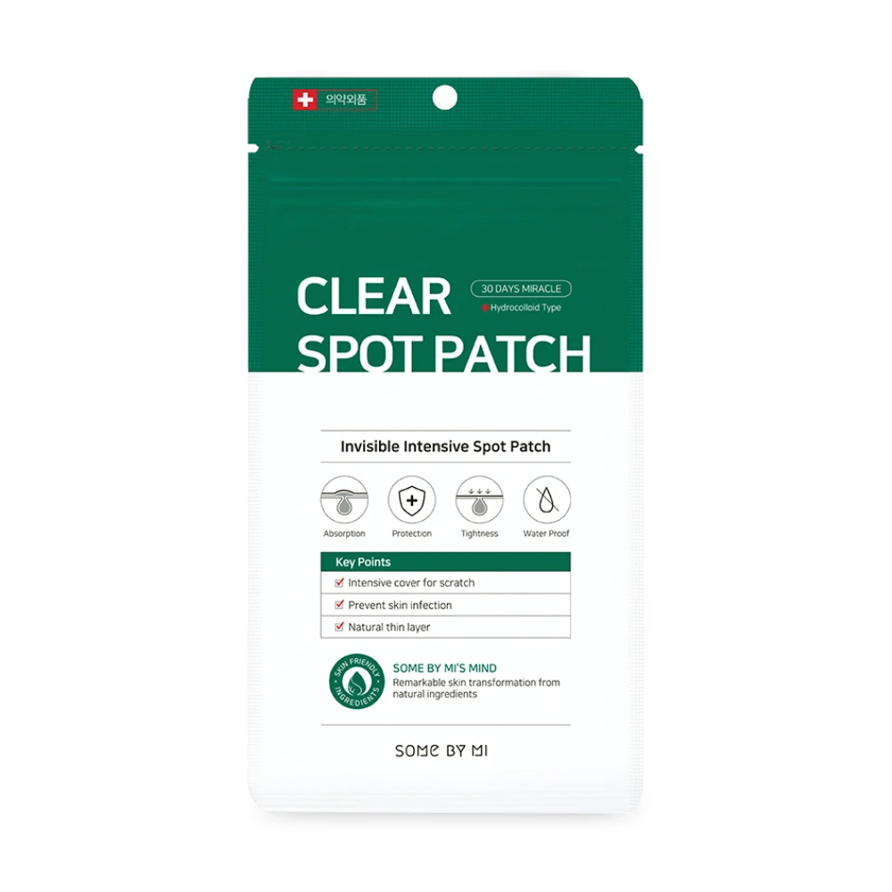 Een Some By Mi 30 Days Miracle Clear Spot Patch (18st) op witte achtergrond voor acne met het vermogen om wondvocht te absorberen.