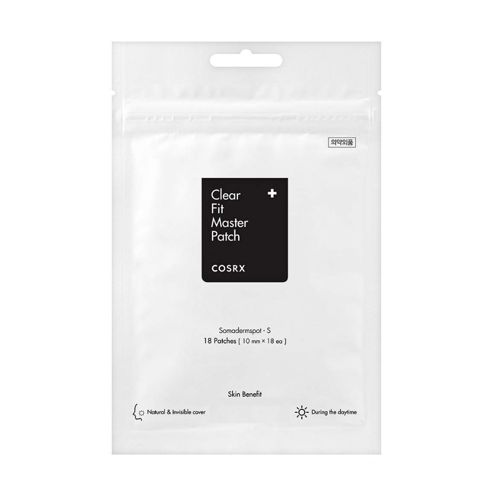 Een COSRX Clear Fit Master Patch 18st op een witte achtergrond die zich richt op puistjes.