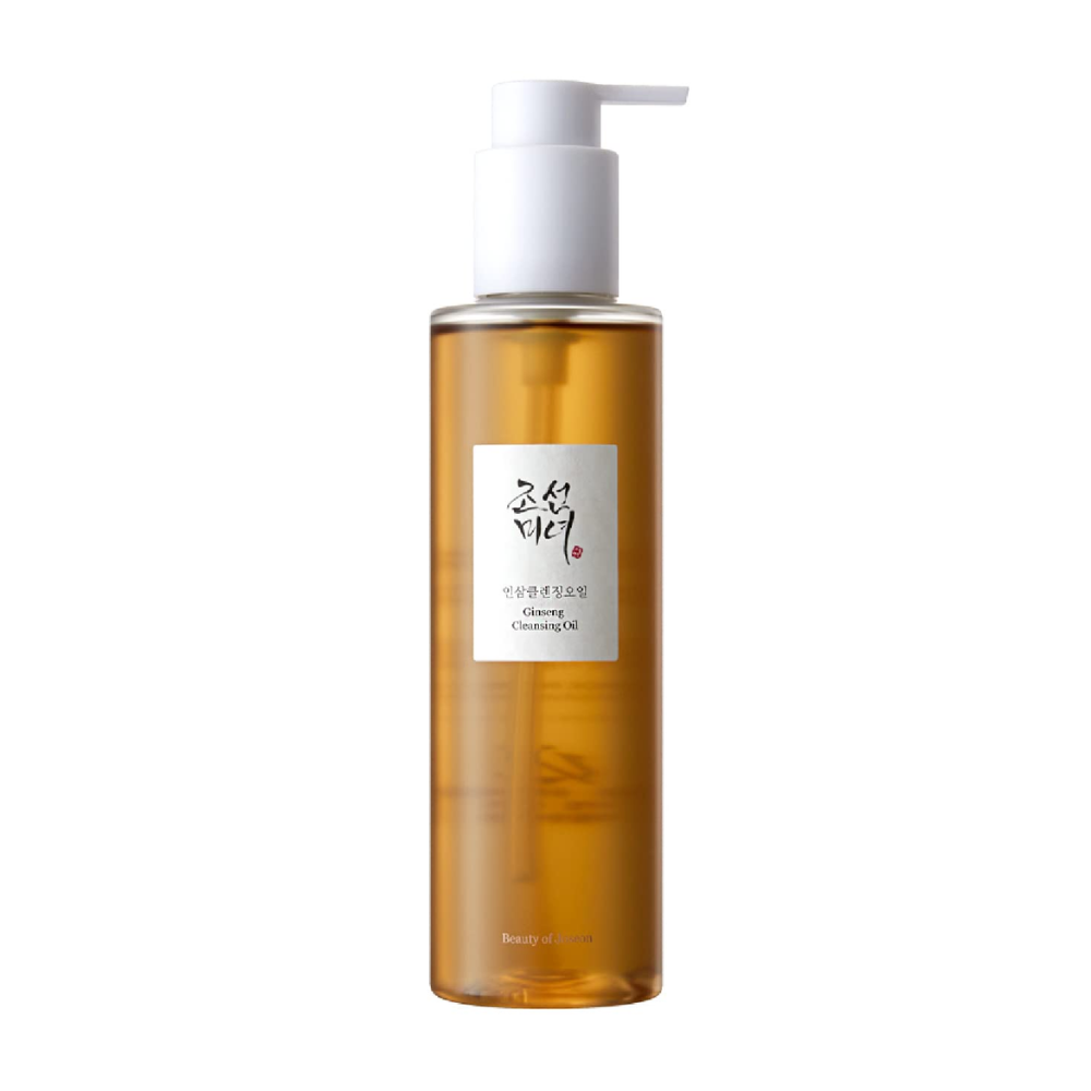 Een fles Beauty of Joseon Ginseng Cleansing Oil 210ml op witte achtergrond, met ginsengzaadolie.
