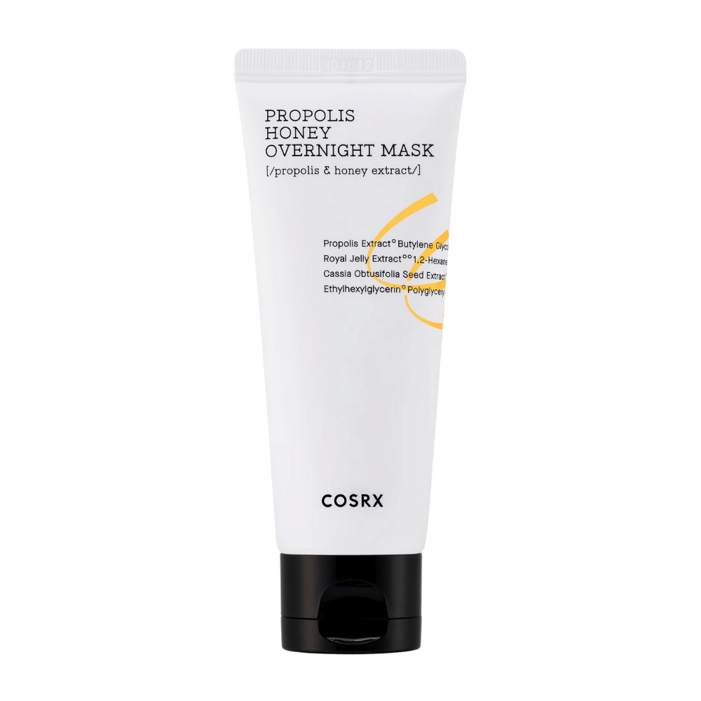 Een witte tube met Full Fit Propolis Honey Overnight Mask 60 ml met een witte achtergrond doordrenkt met propolisextract van COSRX.