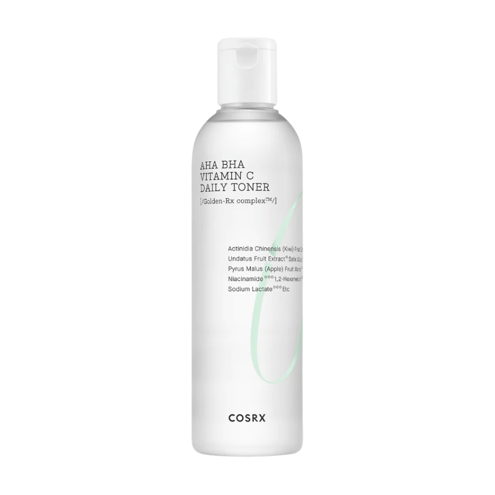 Een fles COSRX Refresh AHA BHA Vitamin C Daily Toner 150ml op een witte achtergrond.