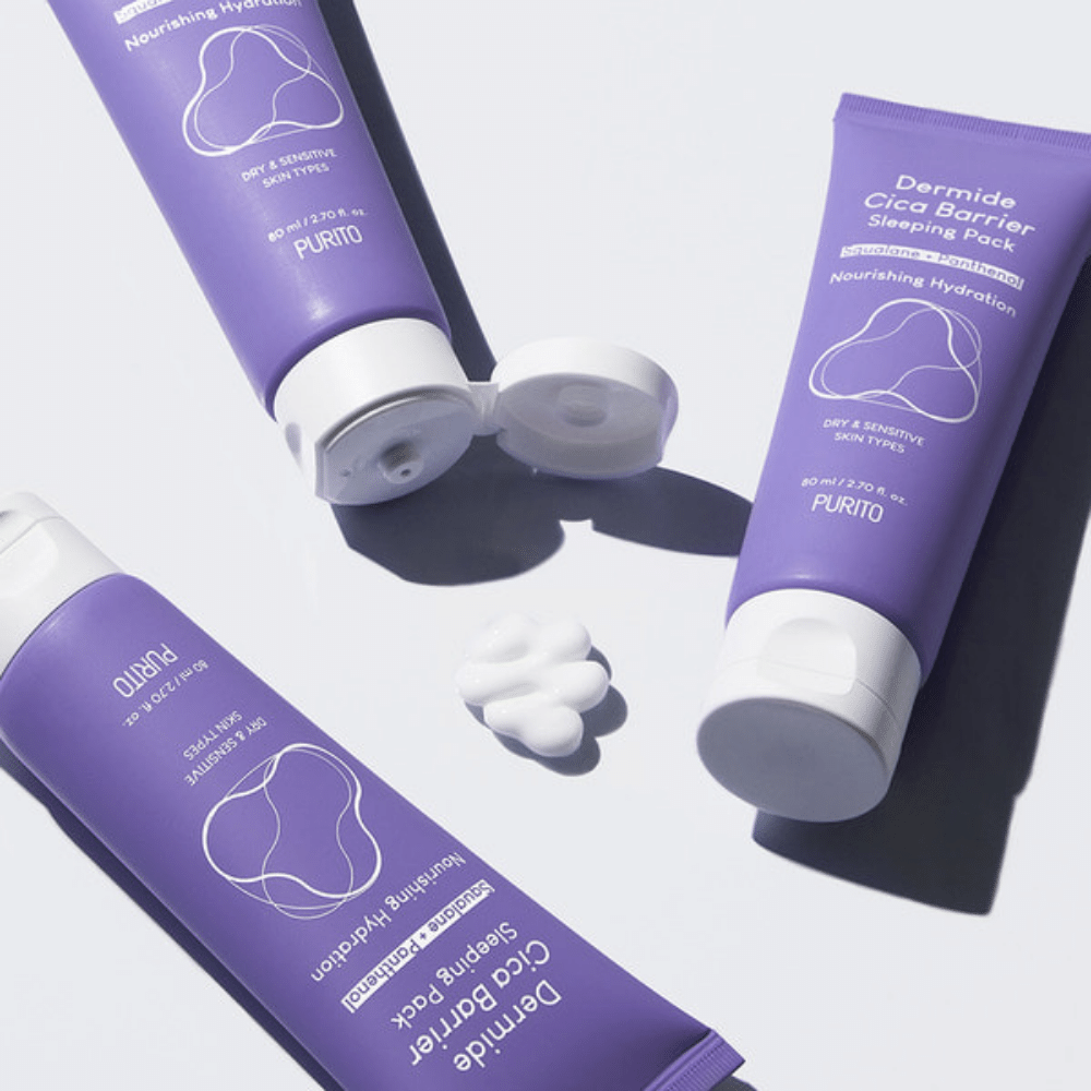 Twee tubes PURITO Dermide Cica Barrier Sleeping Pack 80ml op een witte ondergrond.