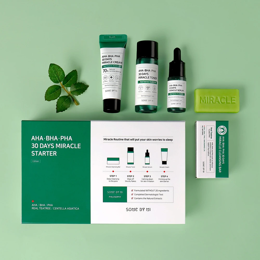 SOME BY MI:s AHA, BHA, PHA 30 Days Miracle Starter Limited Set is een K-beauty Koreaanse huidverzorging met Tea Tree en AHA BHA PHA.