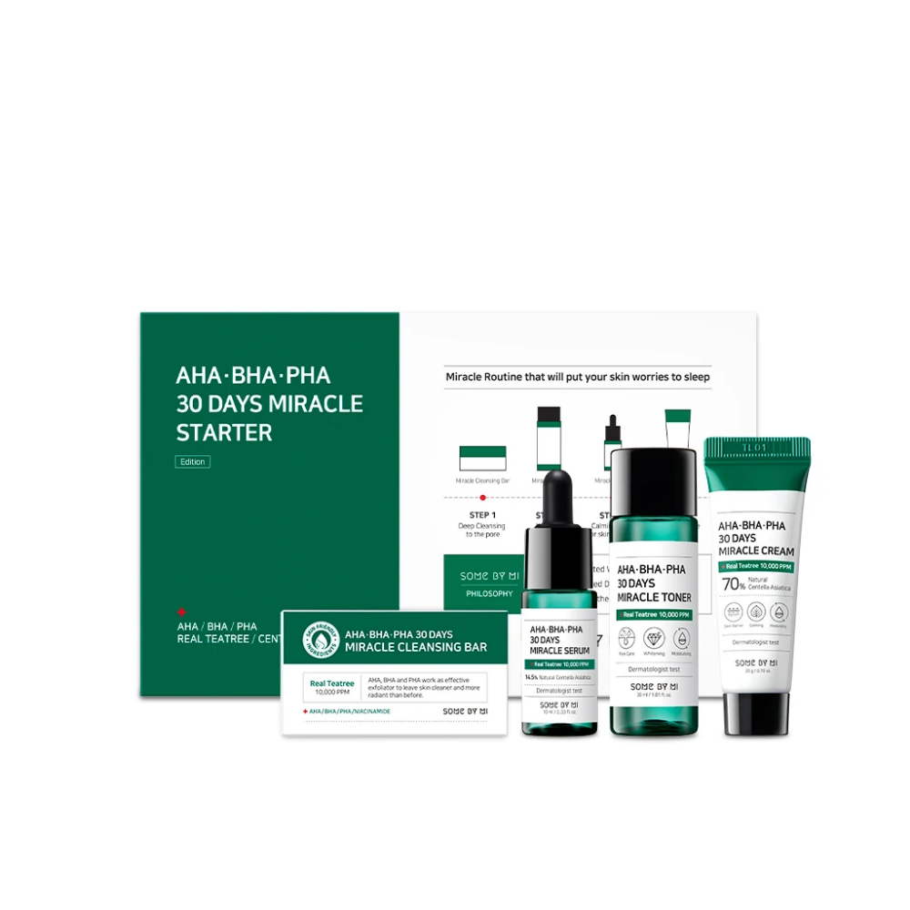 Een set van SOME BY MI AHA, BHA, PHA 30 Days Miracle Starter Limited Set met een groene doos.