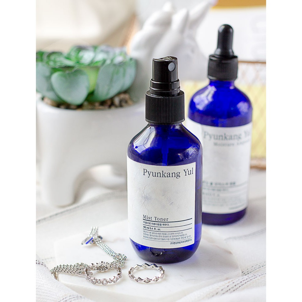 Een fles Pyunkang Yul Mist Toner, een allergievriendelijke toner, op een tafel naast een cactus.