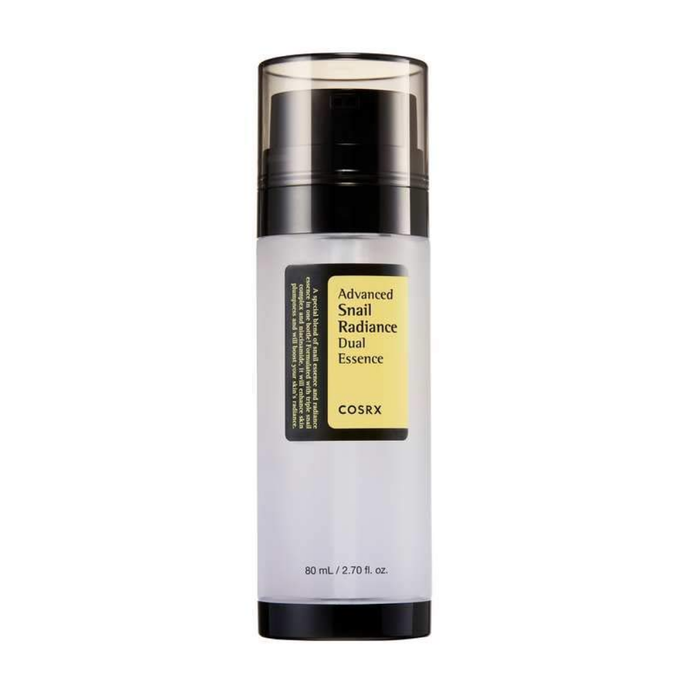 COSRX Advanced Snail Radiance Dual Essence 80ml helpt bij het verminderen van acne en bevordert een heldere huid met zijn drievoudige slakkencomplex en niacinamide.