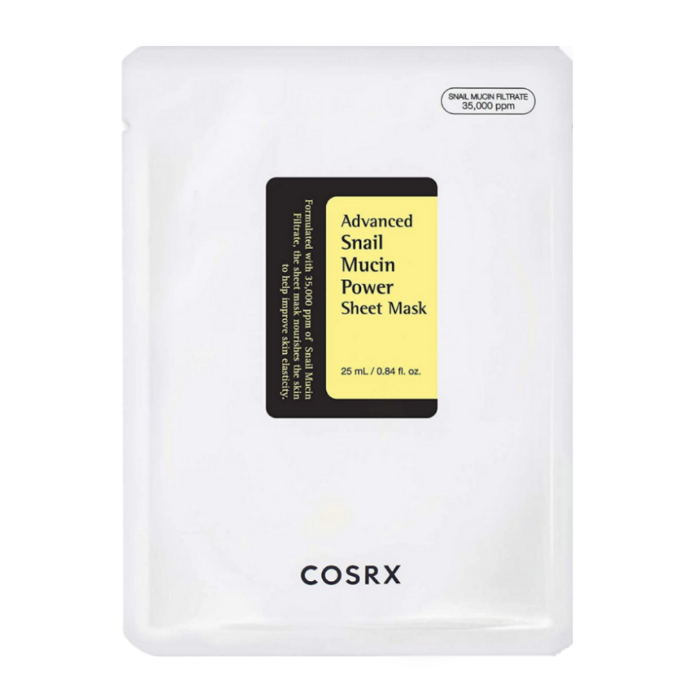 COSRX Advanced Snail Mucin Power Sheet Mask in witte verpakking met zwart en geel etiket, verrijkt met 35.000 ppm slakkenslijm voor hydratatie, reparatie en verbeterde huidelasticiteit.