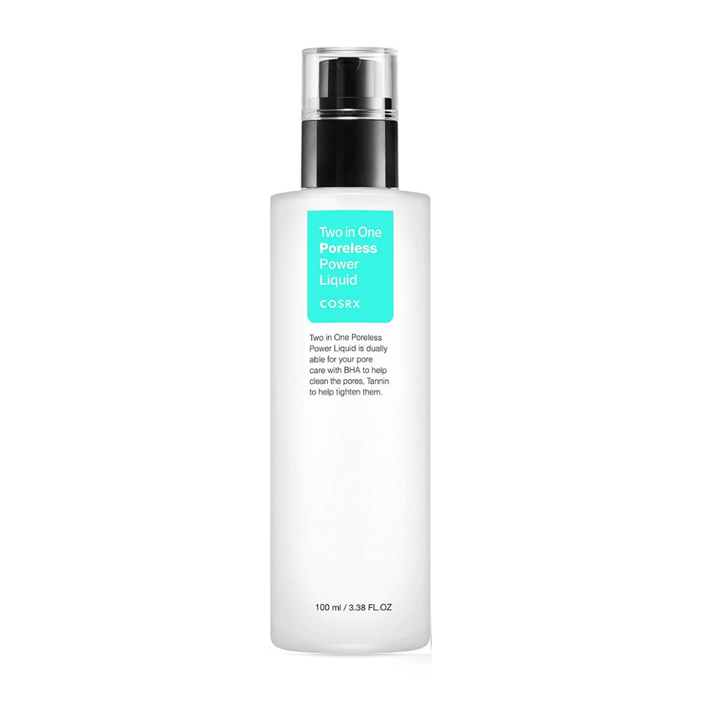 Een fles COSRX Two In One Poreless Power Liquid 100ml, ontworpen voor vette huid, wordt getoond op een witte achtergrond.