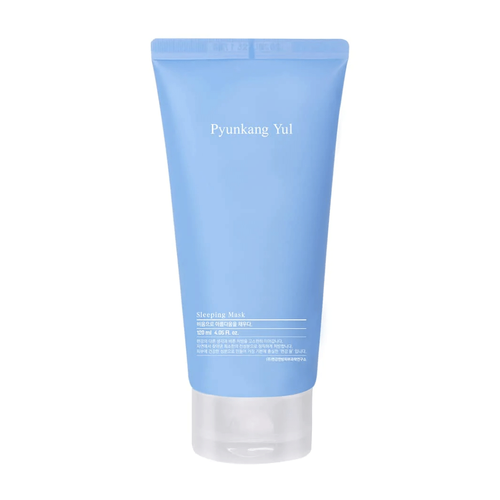Een tube met Pyunkang Yuls hyaluronzuur-geïnfundeerde Pyunkang Yul Sleeping Mask 120ml op witte achtergrond voor gehydrateerde huid.